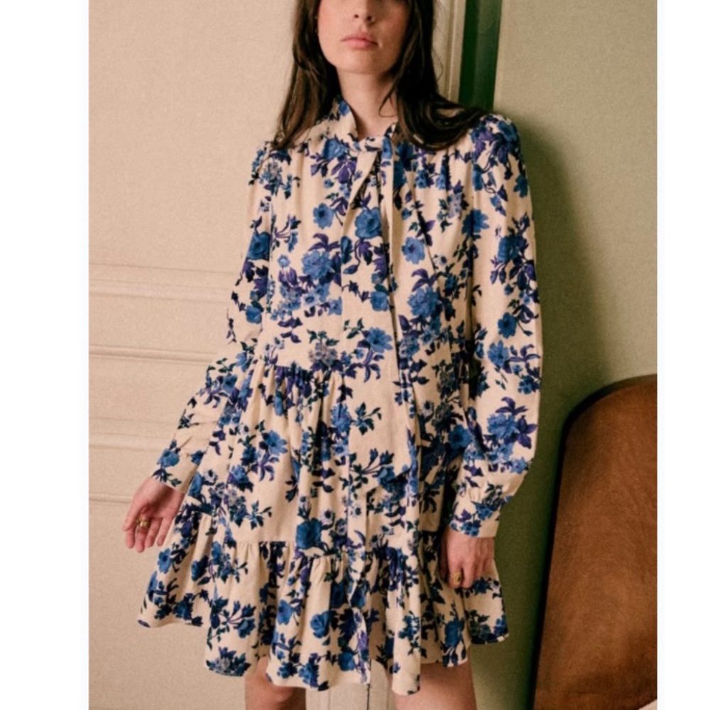 Sezane Rare Soledad Floral Mini Dress Blue Cream FR 36 - Picture 15 of 16